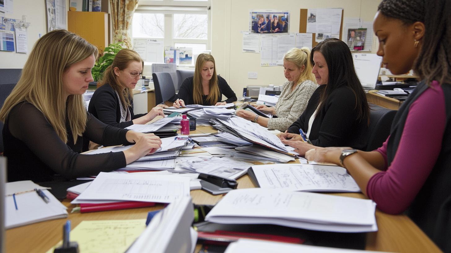 A professional working in an office, focused on reviewing documents at a desk with a computer, symbolising attention to detail, productivity, and streamlined business processes.