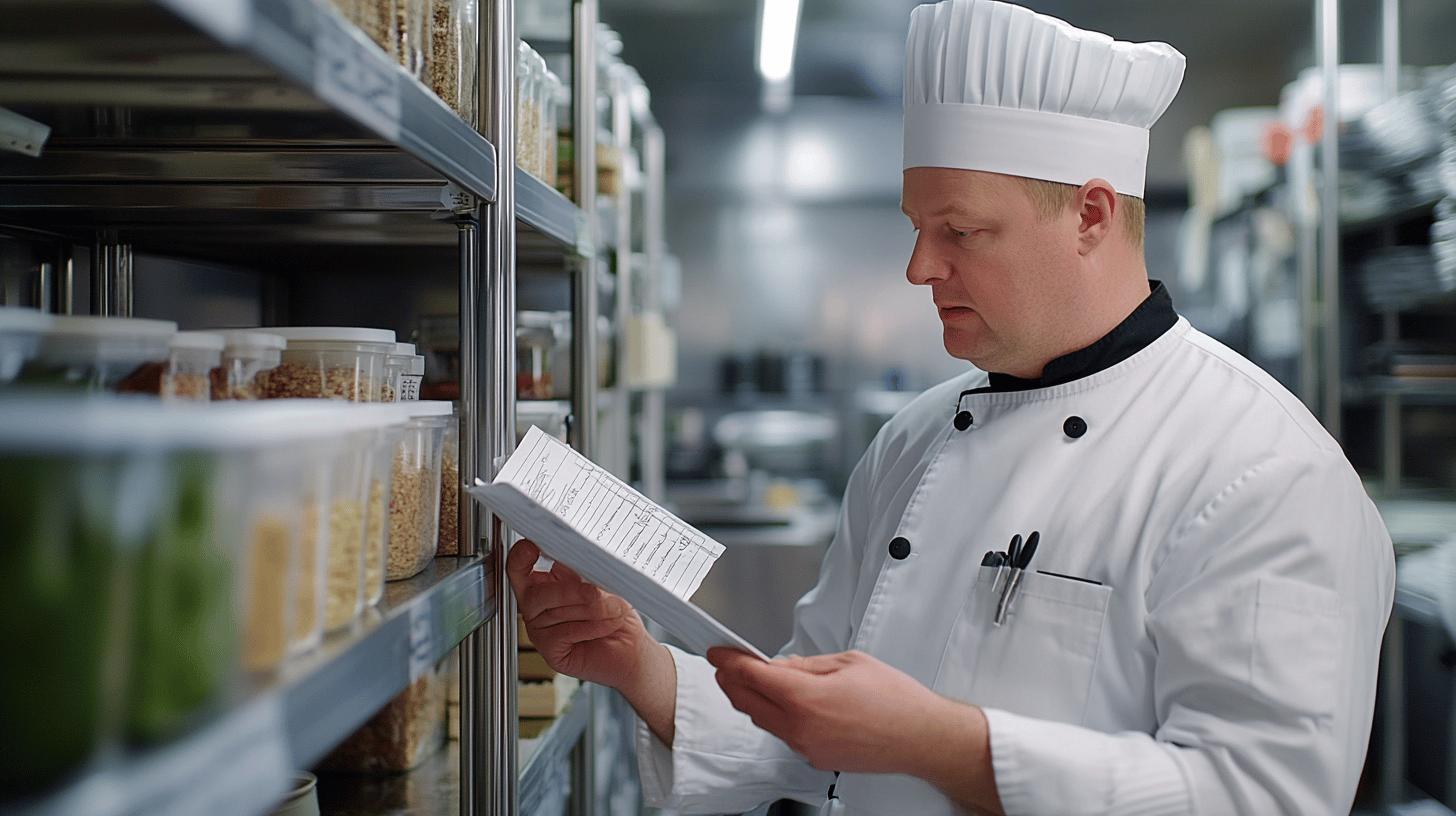 Professional chef in white uniform checking inventory on shelves of kitchen pantry with organized ingredient containers, reviewing detailed inventory list