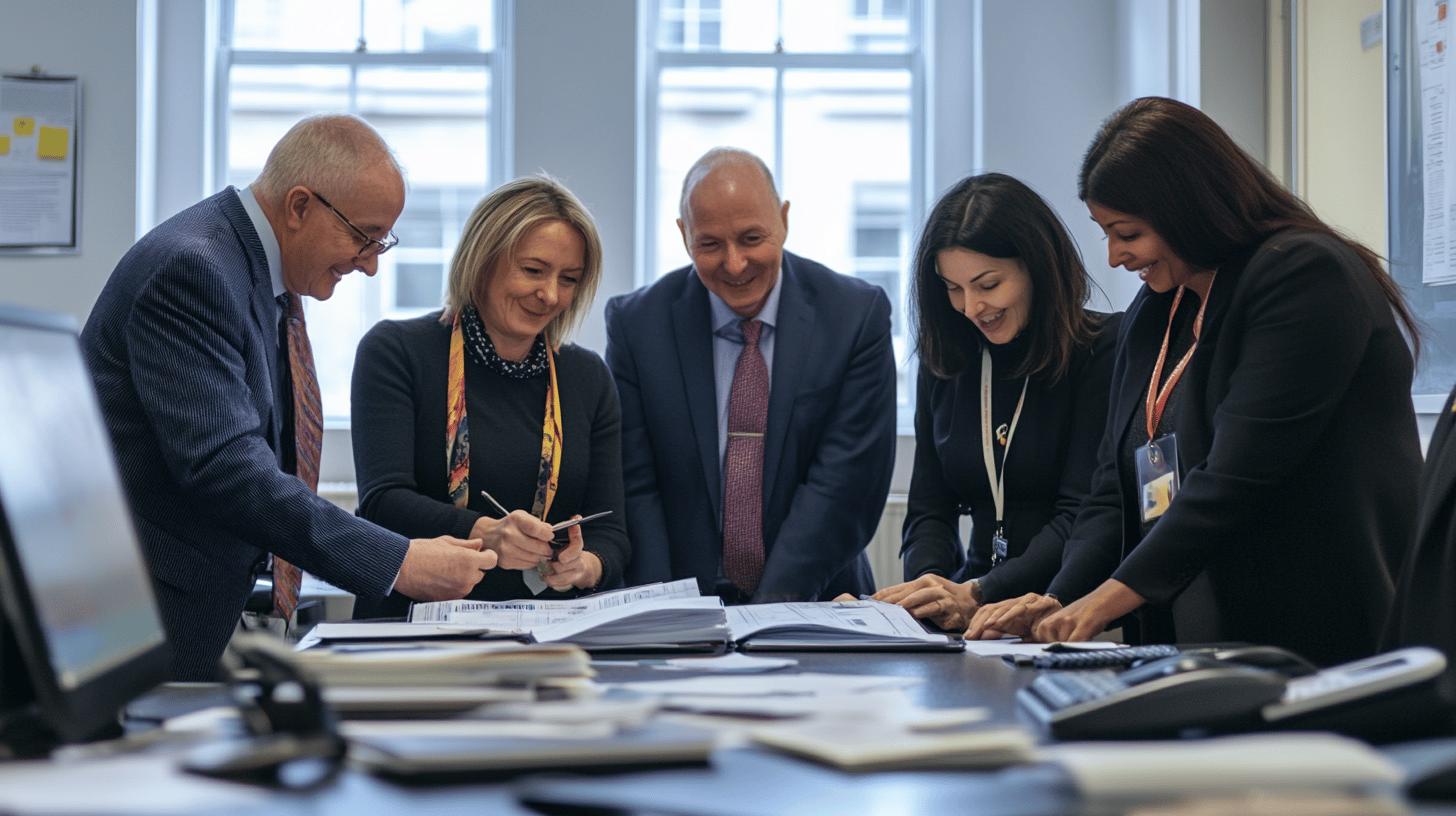 Professionals collaborating in a modern office setting, focused on digital devices like tablets and laptops, symbolising innovation, teamwork, and technology-driven business solutions.