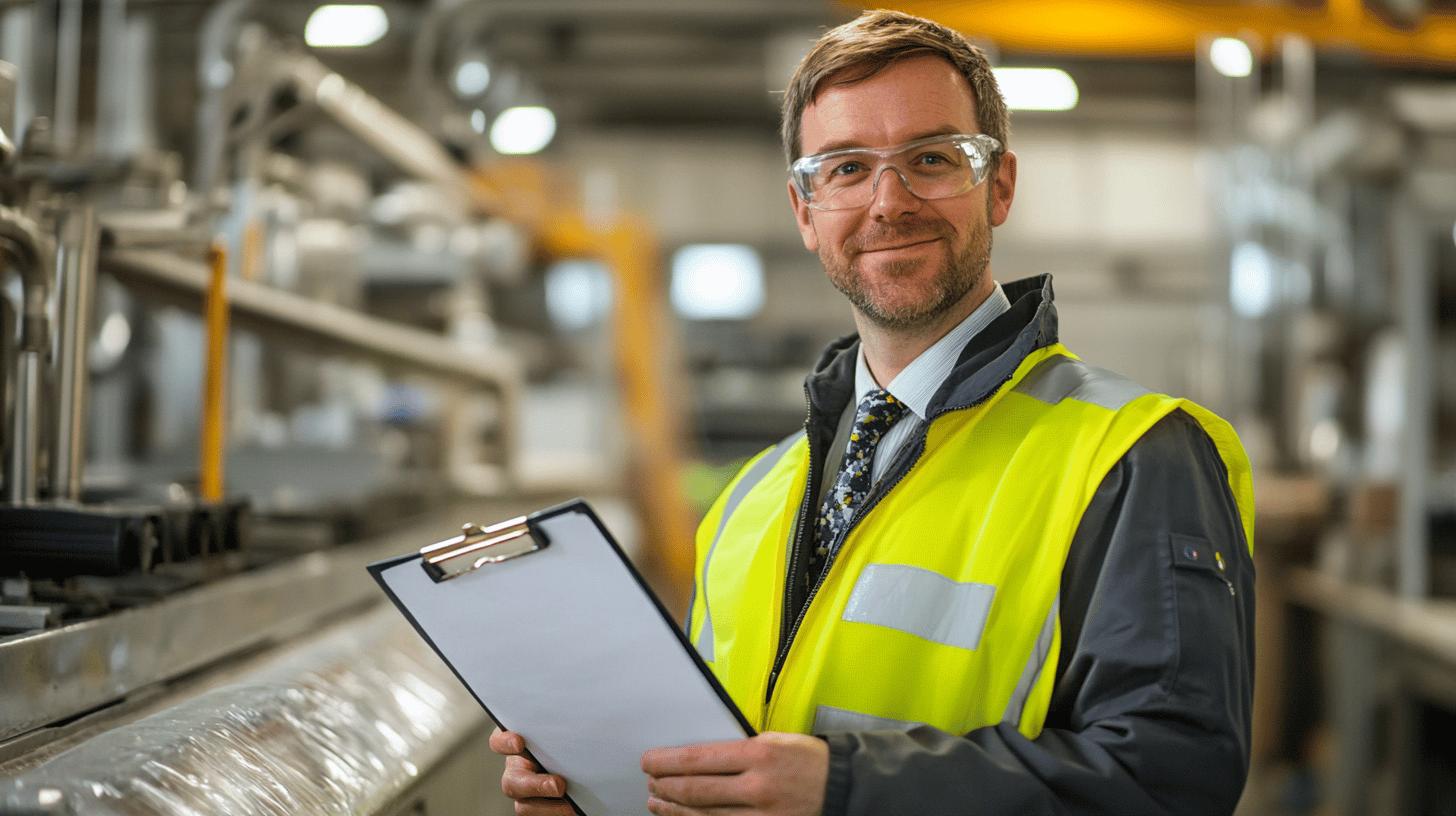 Industrial safety supervisor in high-visibility vest conducting workplace inspection with clipboard in manufacturing facility, wearing protective safety glasses and professional attire