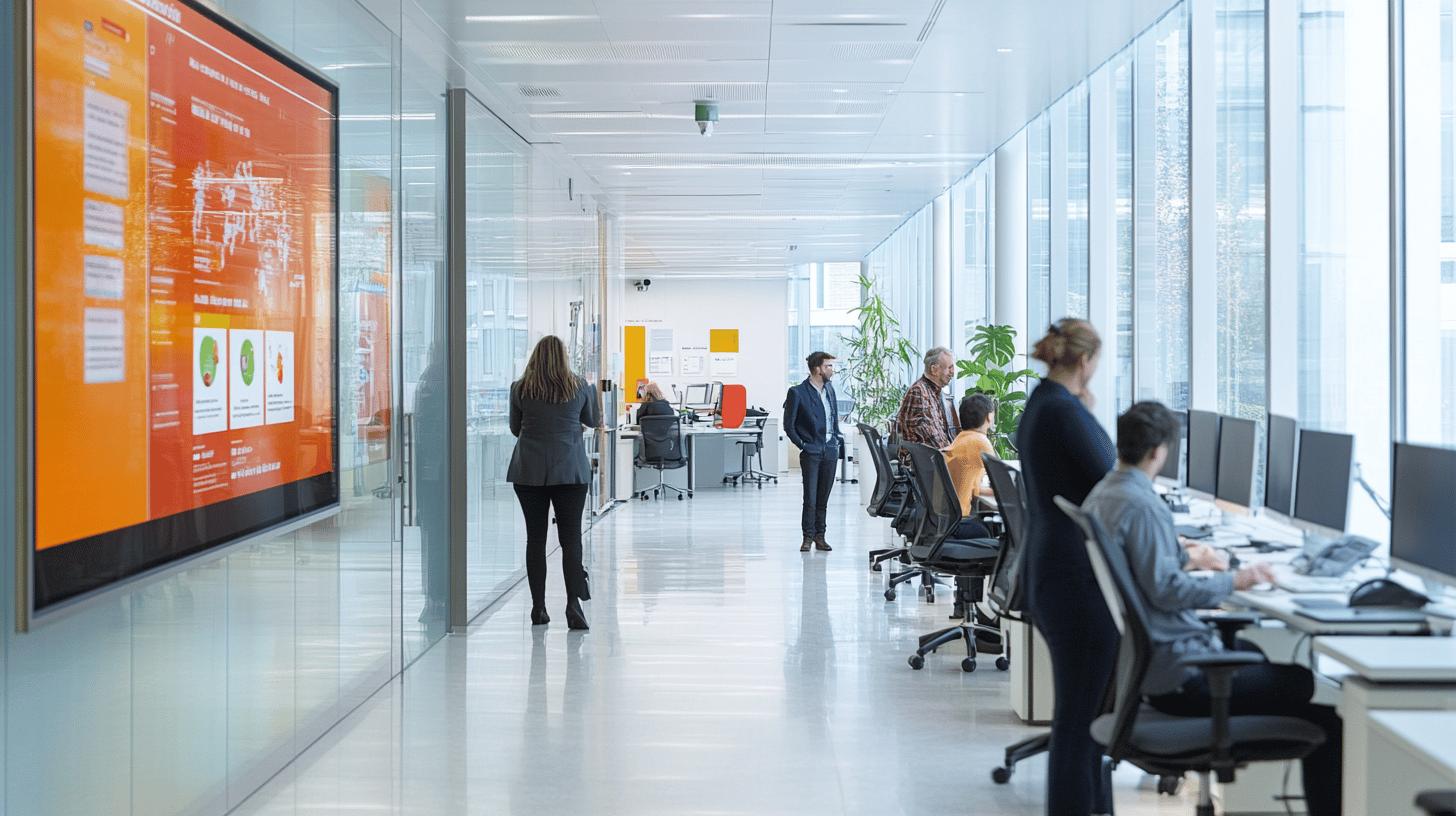 modern corporate office interior with glass walls, orange digital display, employees working at computers, and open workspace with large windows