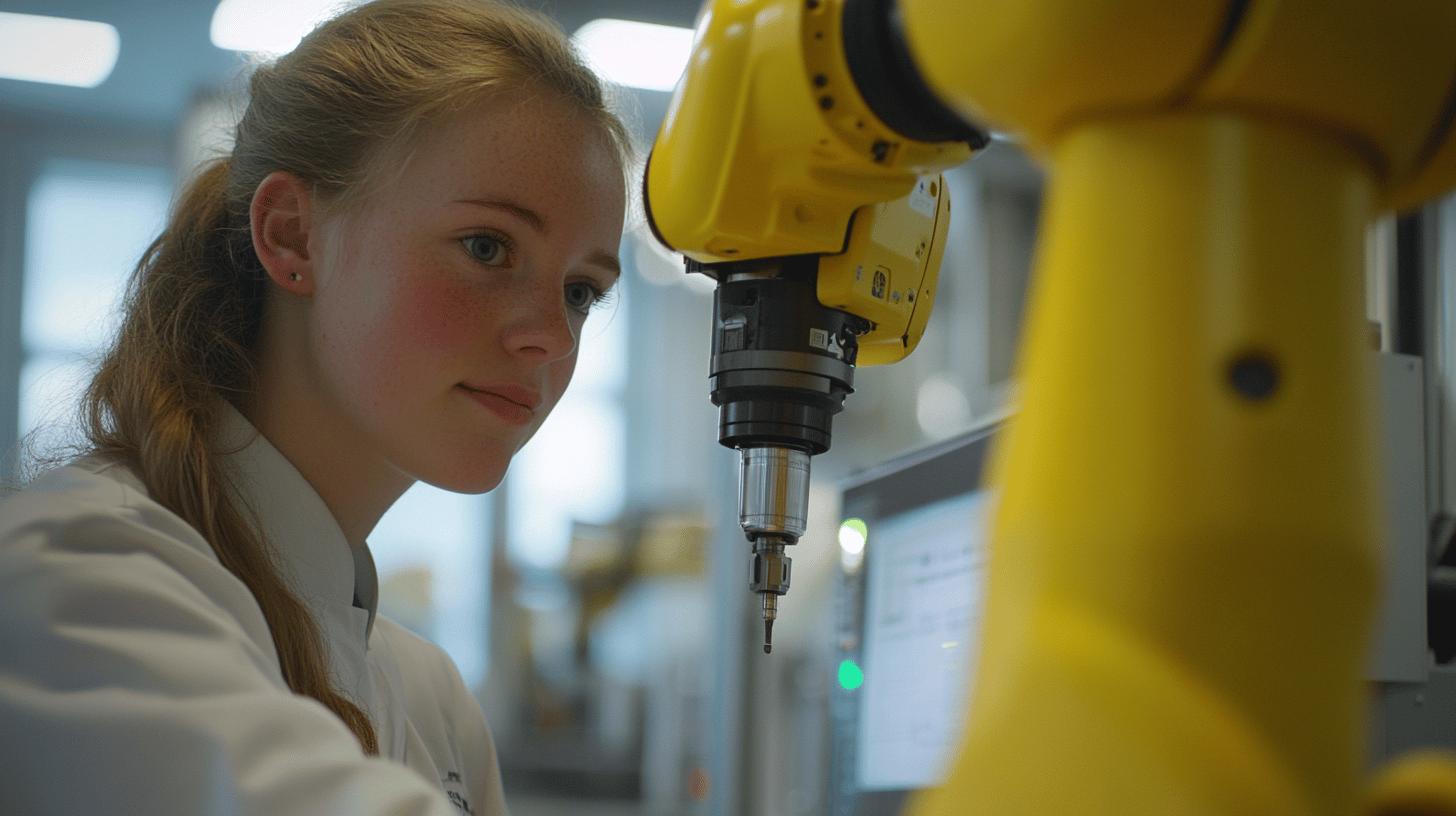 Young researcher operating yellow industrial robotic arm in modern laboratory setting, focused on precision engineering and technological innovation
