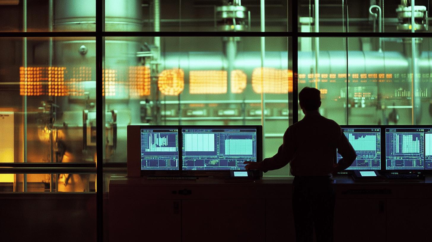 industrial control room with monitoring screens, data visualization dashboard, silhouette of technician analyzing system performance behind glass wall with green-tinted industrial equipment background