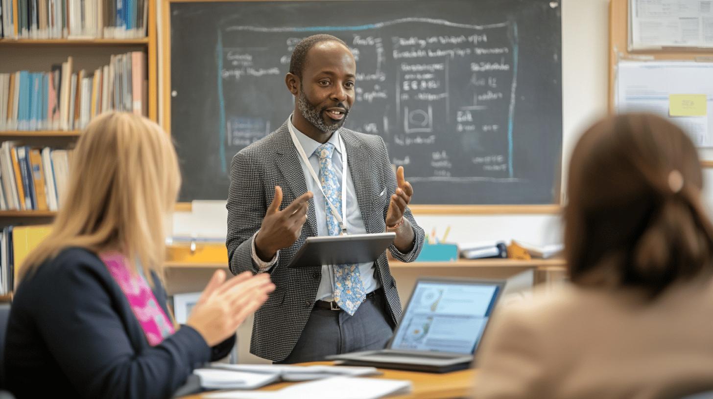 Professional male educator teaching in classroom with blackboard, gesturing while explaining lesson to students with laptops