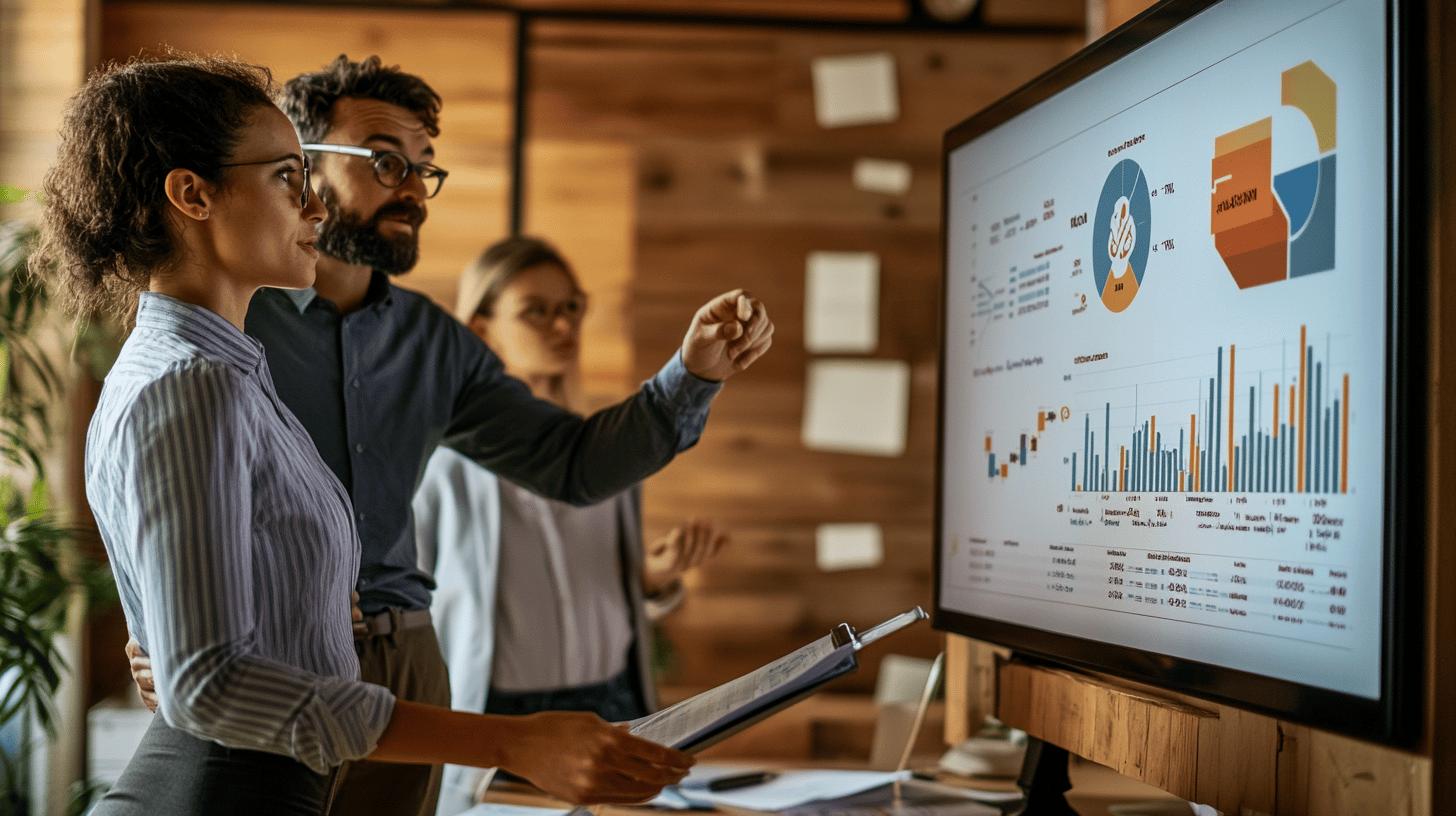 Professional team analyzing business performance data on screen, with bar graphs and pie charts in modern wooden office setting, showcasing collaborative data analysis and strategic planning