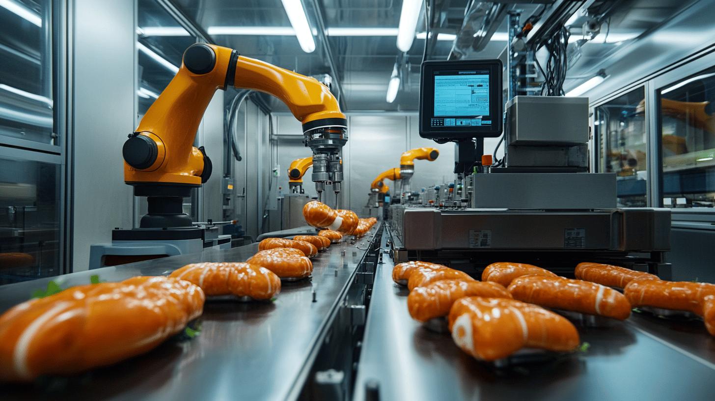 Automated robotic arms processing pastries on a high-tech food manufacturing production line, showcasing advanced industrial robotics and precision food processing technology