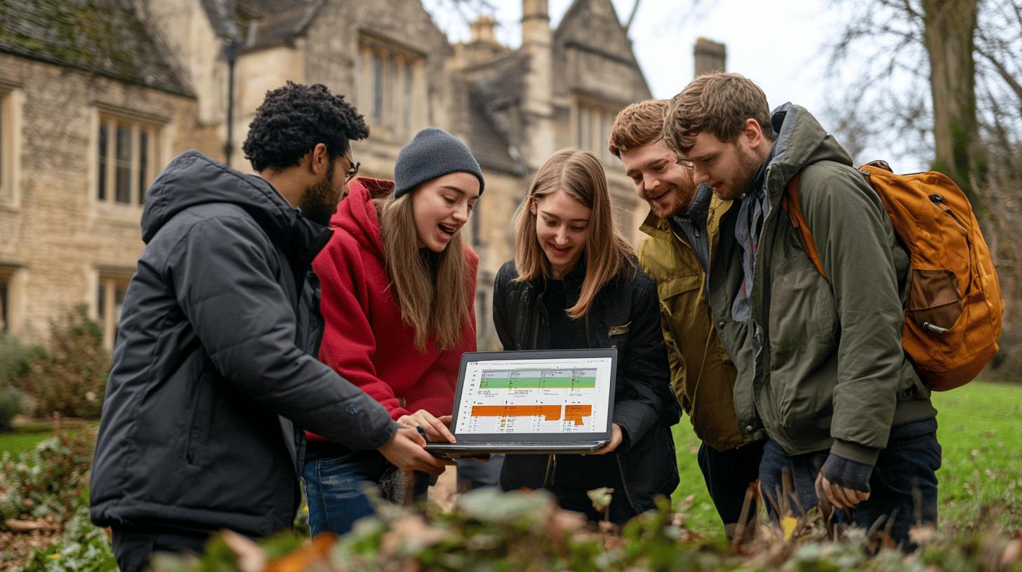 Group of students collaborating on a laptop outdoors near historic university buildings, wearing winter jackets and backpacks