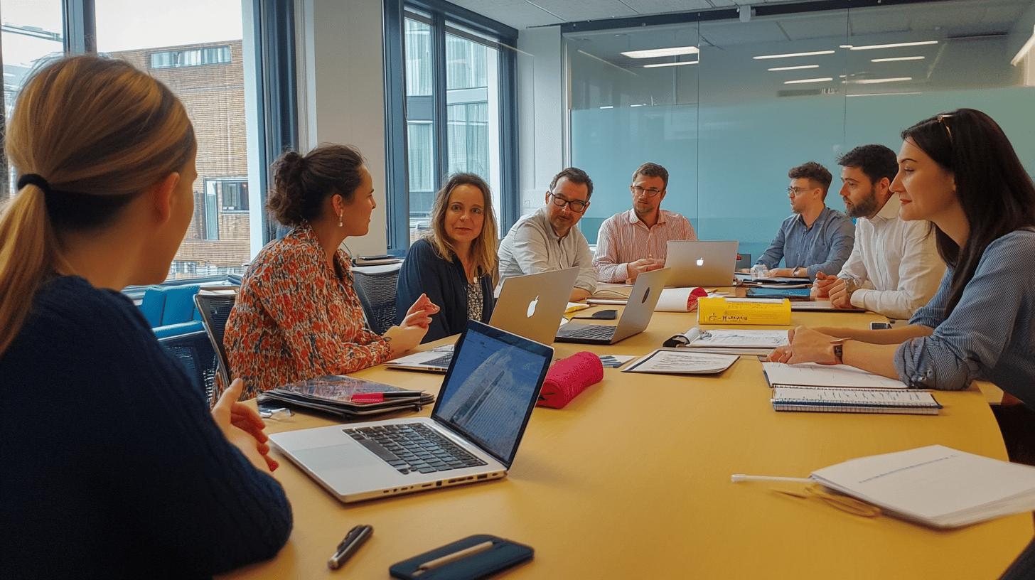 A professional presenting ideas to a group in a collaborative office setting, with a focus on technology and innovation. The scene conveys teamwork, strategy, and digital transformation in a business environment.