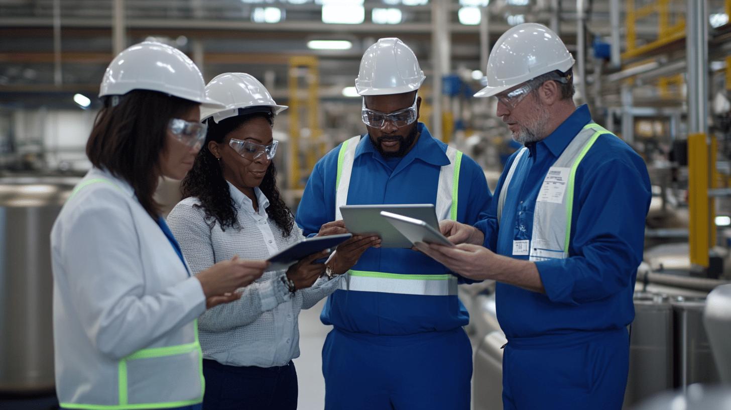 Diverse industrial team in safety gear collaborating on digital tablets inside manufacturing facility, wearing white hard hats and reflective safety vests while reviewing technical documents