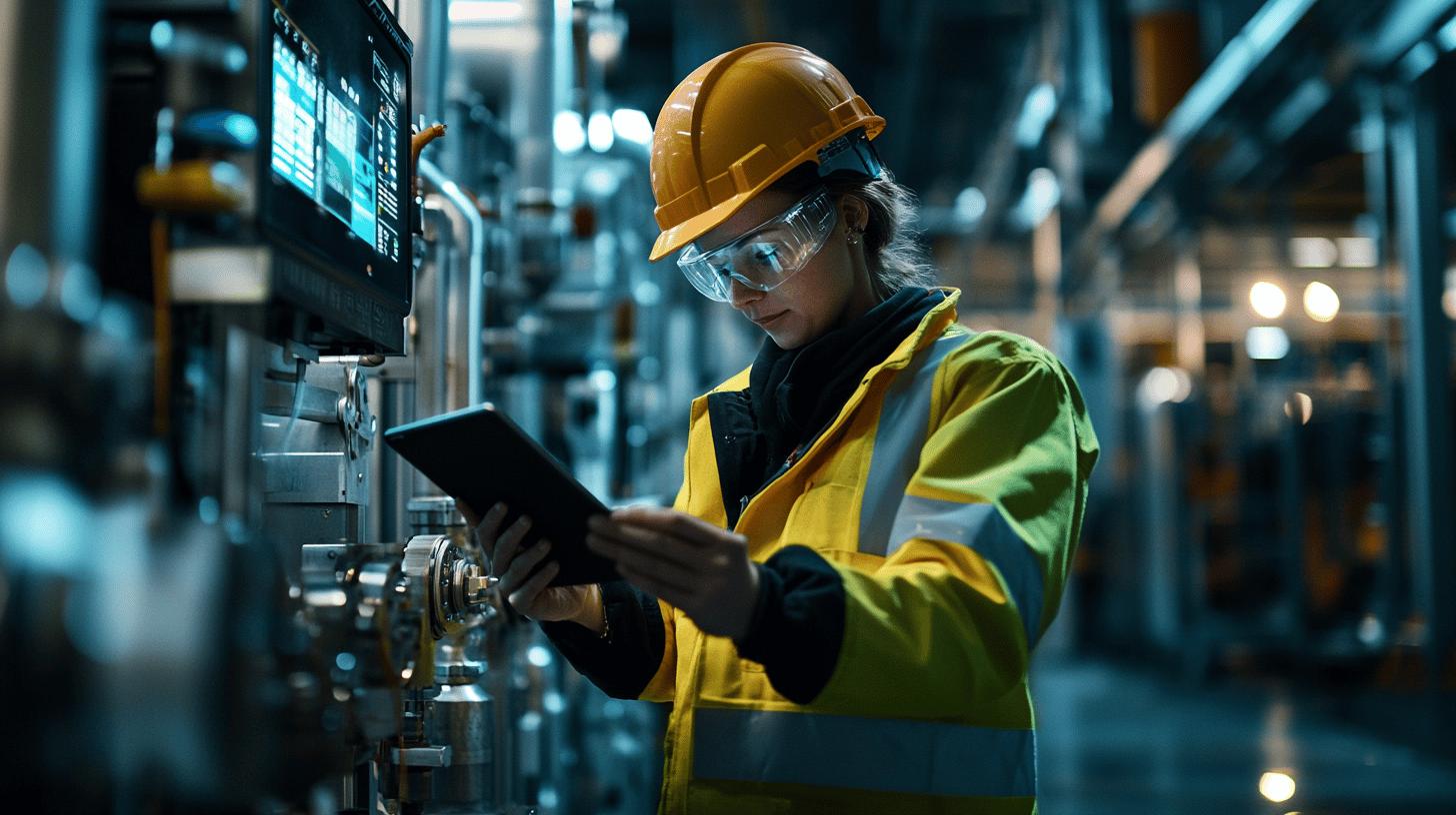 A team of professionals in safety gear collaborates while using tablets in an industrial setting, symbolizing digital transformation, efficiency, and seamless integration in operational workflows.