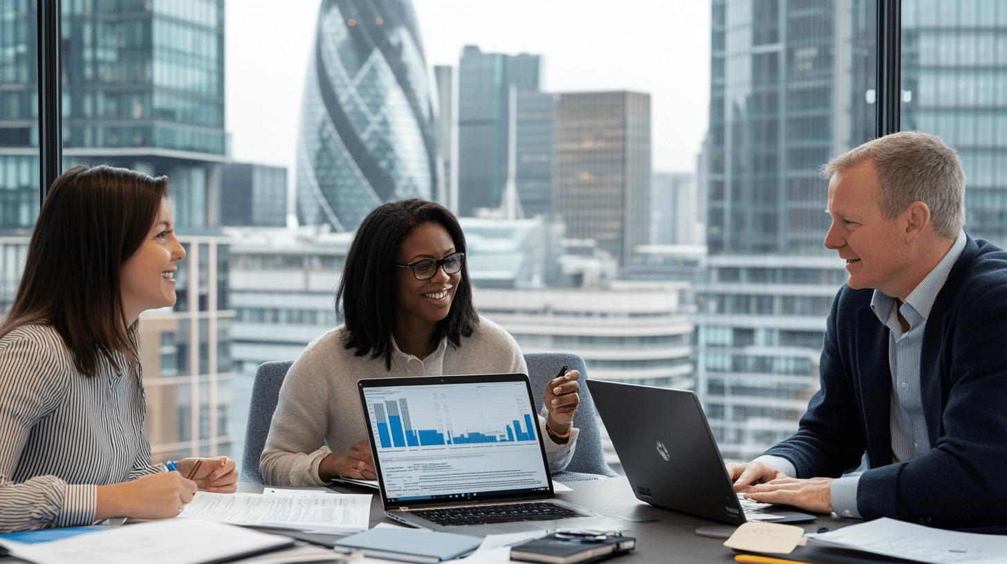 Diverse business team analyzing data charts in modern London office with Gherkin building in background, collaborating on laptop with financial graphs and smiling during meeting