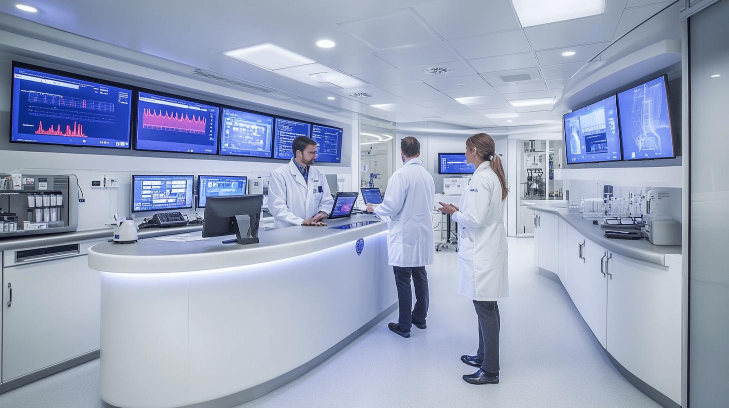 High-tech medical research laboratory with white interior, multiple blue digital monitors displaying data graphs, and medical professionals in white lab coats working at a curved control station with advanced scientific equipment