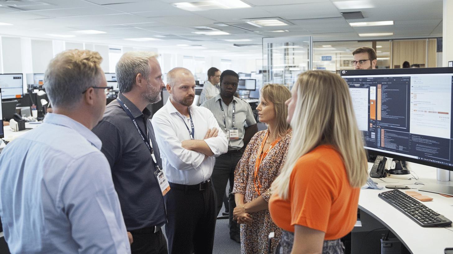 Diverse team of professionals collaborating in modern open-plan office with computer workstations, discussing project details