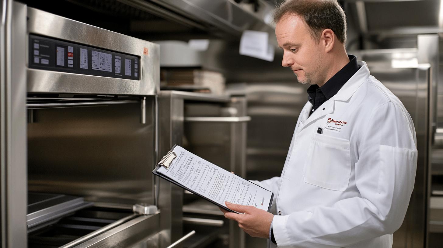 Professional chef in white coat reviewing clipboard documents in stainless steel commercial kitchen with industrial oven