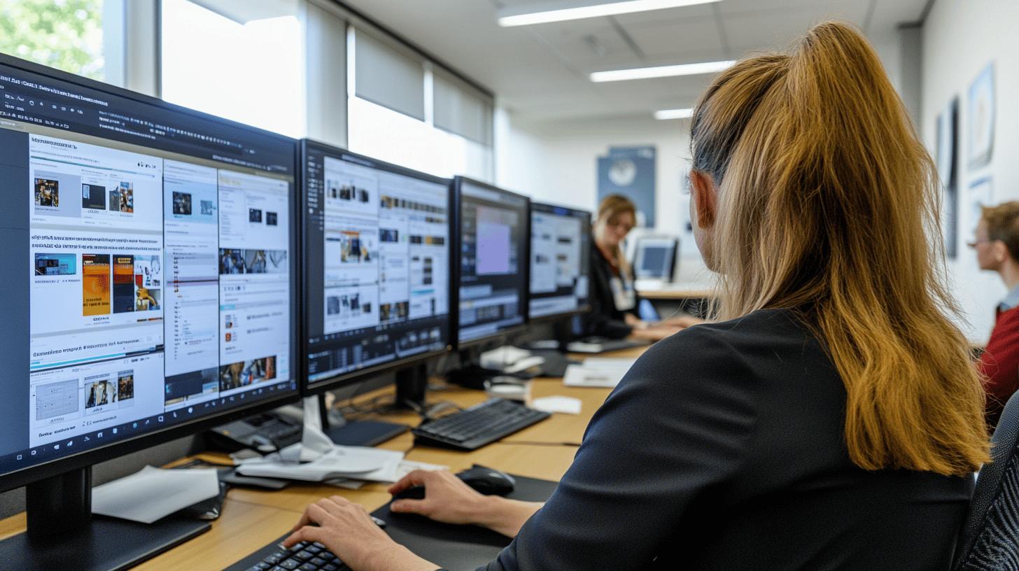 Professional working on multiple computer monitors in modern office workspace with blurred colleagues in background