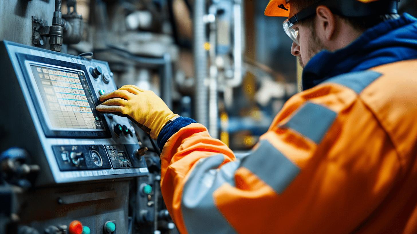 A professional engineer in safety gear monitors multiple computer systems in a modern industrial setting, symbolising digital transformation, efficient operations, and the integration of innovative software solutions in complex workflows.