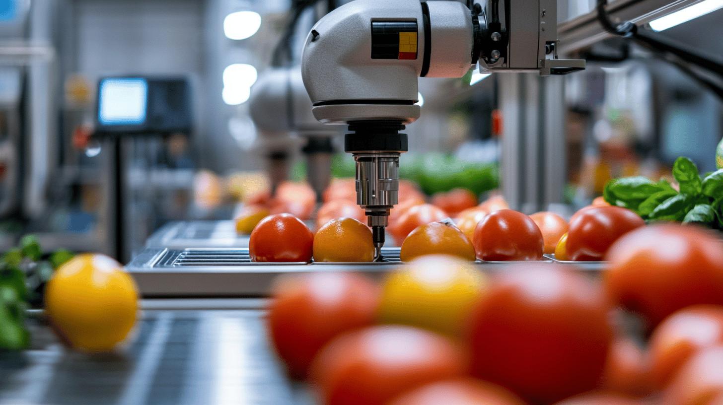 Robotic arm sorting red and yellow tomatoes on processing line in modern food manufacturing facility