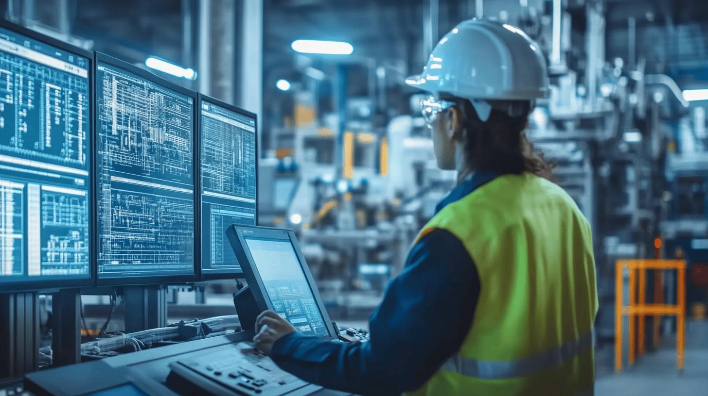 Industrial control room with engineer monitoring multiple blueprint screens and machinery, wearing safety vest and hard hat in high-tech manufacturing facility