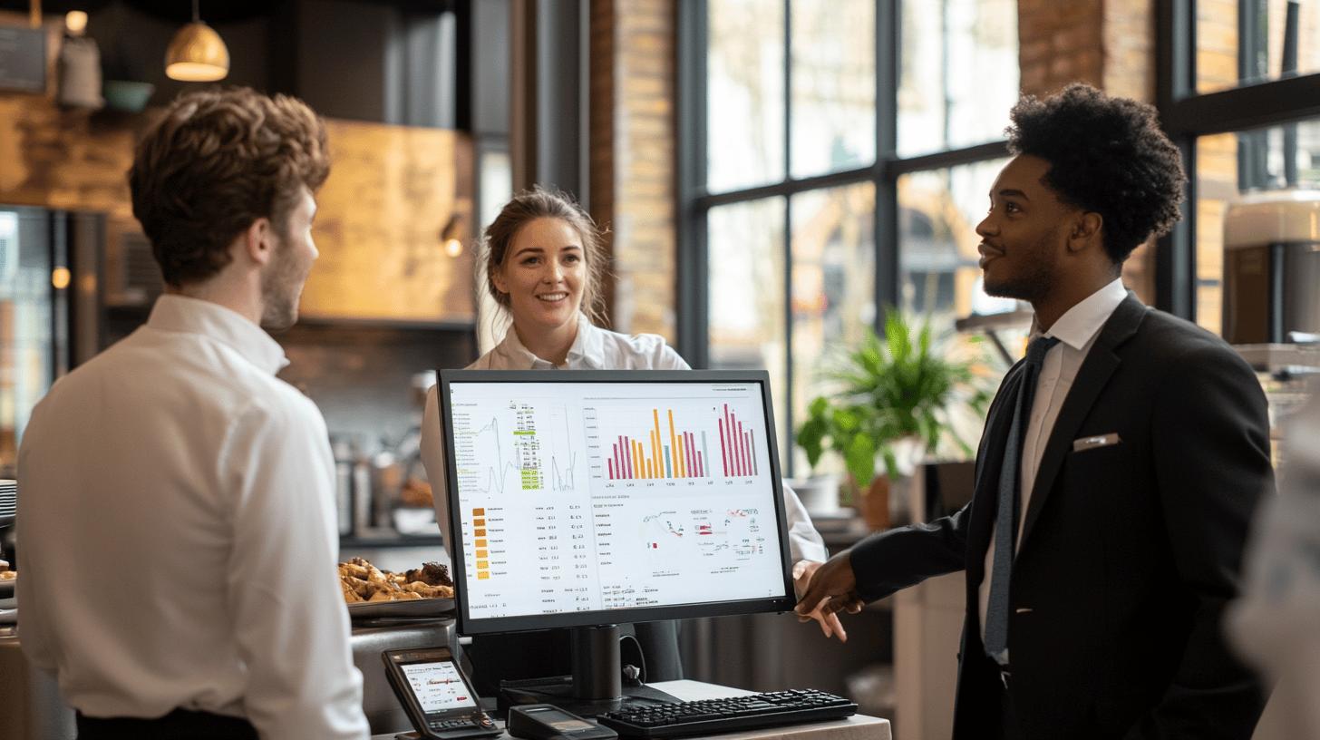 Professional team analyzing colorful data analytics charts in modern office with natural lighting and collaborative workspace