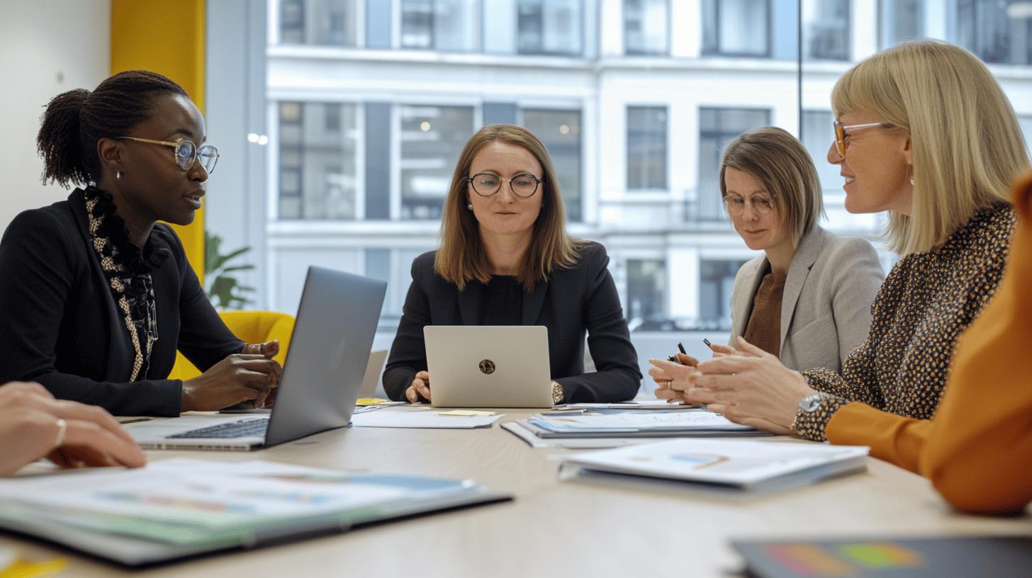 Professional women collaborate in modern office meeting with laptops and documents, showcasing diverse teamwork in contemporary workplace setting