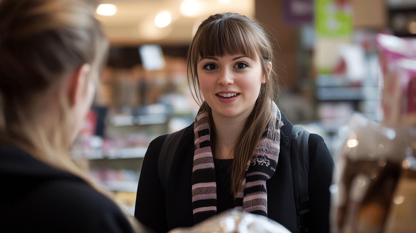 Smiling young woman with bangs wearing a black jacket and striped scarf in a blurred retail or cafe background, engaging in conversation with someone