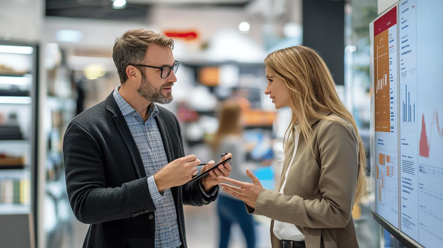 Professional colleagues discussing data analytics in modern office with business intelligence dashboard in background, engaging in collaborative workplace discussion
