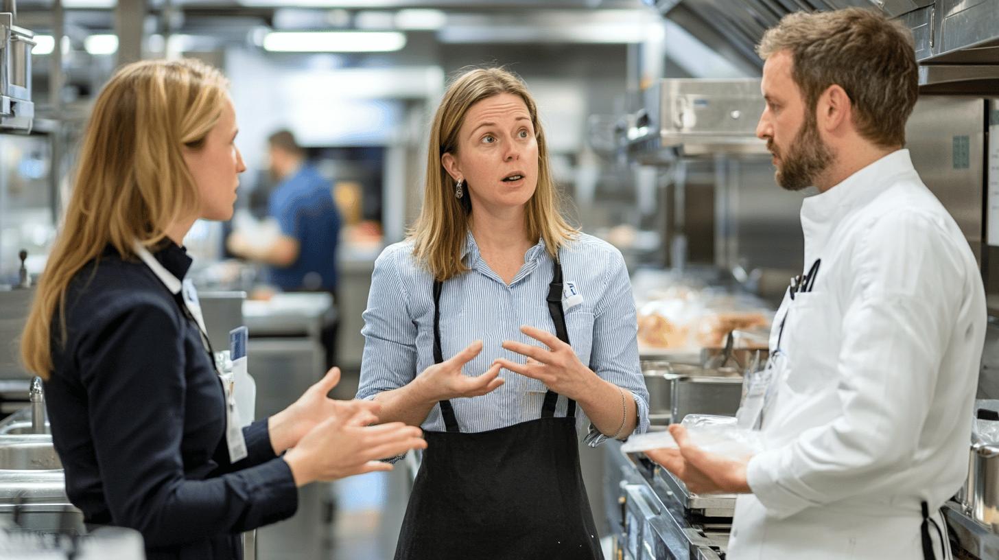 Professional restaurant staff discussing workflow in industrial kitchen with stainless steel equipment and engaged body language