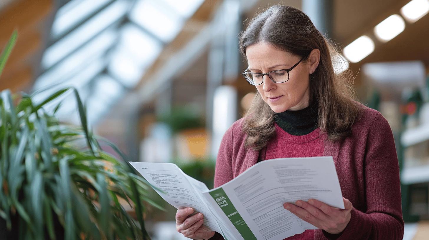 Professional woman in glasses reviewing documents in modern office with plants, wearing burgundy sweater and turtleneck, focused on reading paper documents near large windows
