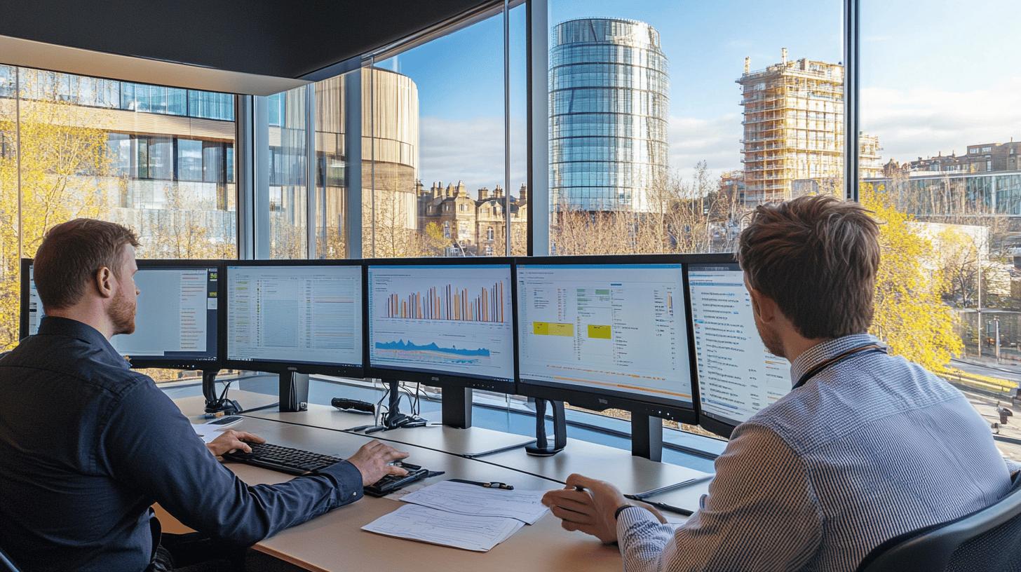 Modern office workspace with two professionals analyzing data analytics on multiple computer monitors, featuring panoramic city skyline with glass skyscrapers and autumn trees in background