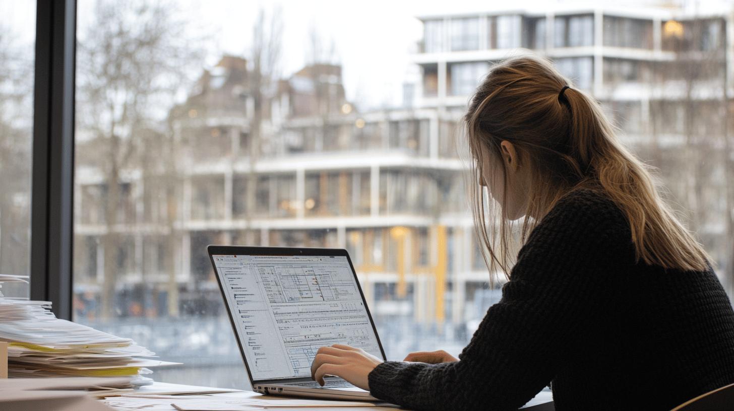 A modern office space with glass walls offering a panoramic cityscape view, featuring employees working at desks with multiple computer screens, evoking innovation, productivity, and a focus on digital transformation and business efficiency.