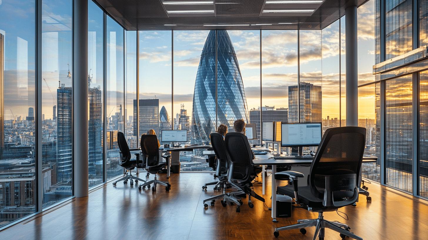 Modern office interior with panoramic London cityscape, featuring glass walls, workstations, and sweeping views of iconic skyscrapers like the Gherkin during golden sunset