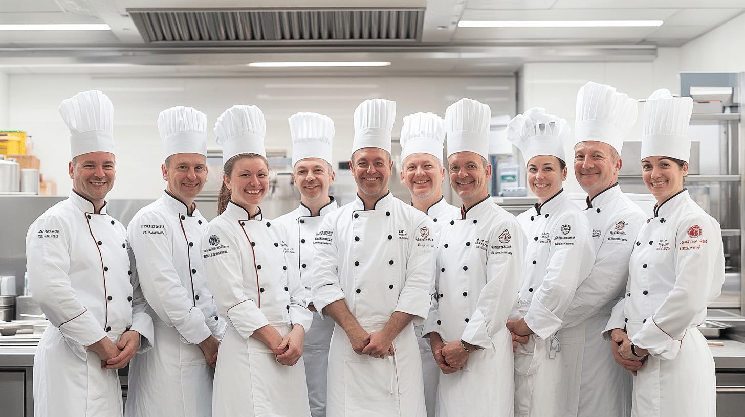Professional culinary team in white chef uniforms and tall white hats, posing together in a clean, modern kitchen with stainless steel equipment, showcasing team unity and expertise