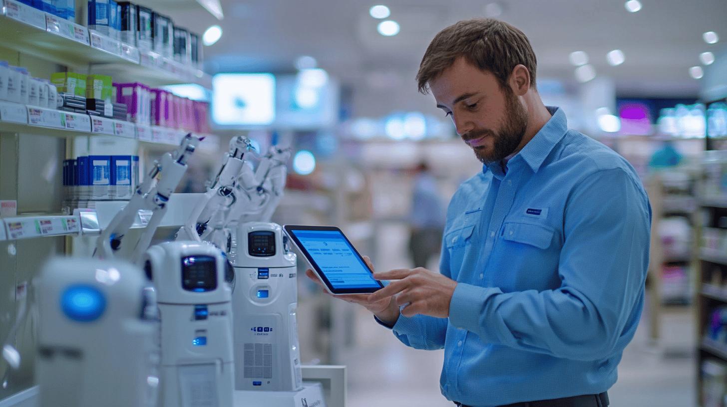 Pharmaceutical technician using digital tablet to manage robotic dispensing equipment in modern pharmacy inventory system