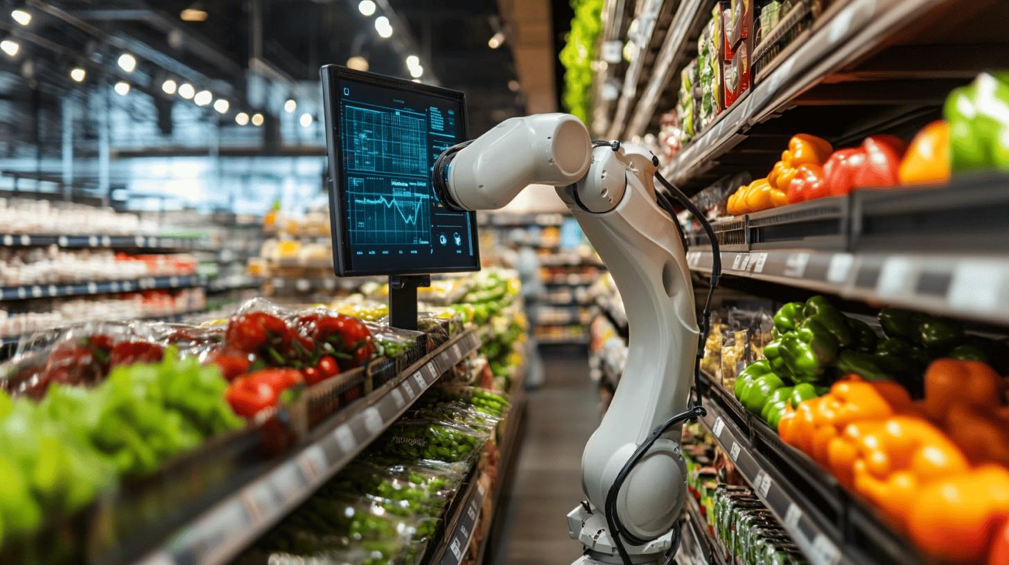 Robotic arm with digital display analyzing fresh produce in modern grocery store, showcasing artificial intelligence in retail inventory management with colorful bell peppers and vegetables in background