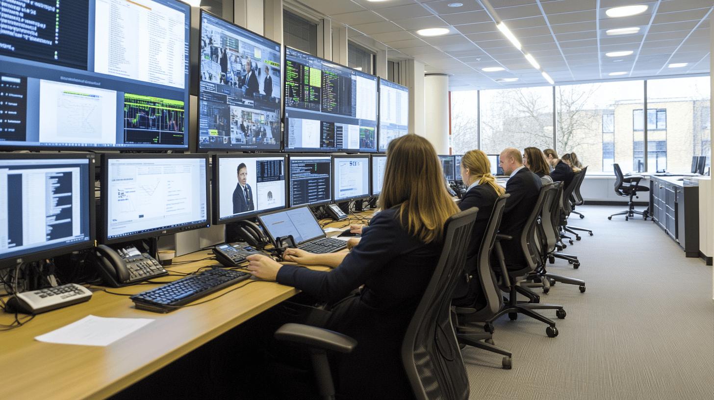 Modern control room with multiple workers monitoring screens of financial data, surveillance footage, and complex information displays in a bright, high-tech office environment with large windows