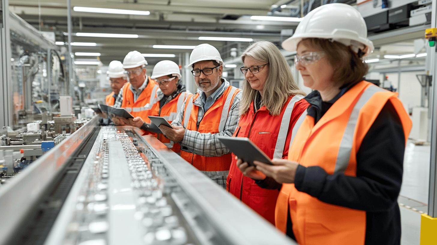 Industrial workers in safety gear checking tablet devices on manufacturing production line with machinery and equipment in modern factory setting