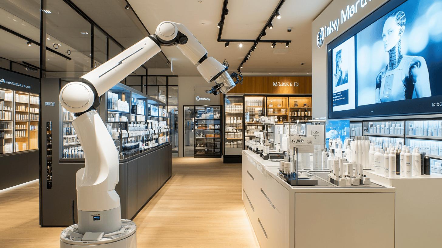 High-tech robotic arm in modern skincare and beauty retail store with digital displays and product shelves, showcasing advanced technology in cosmetic retail environment
