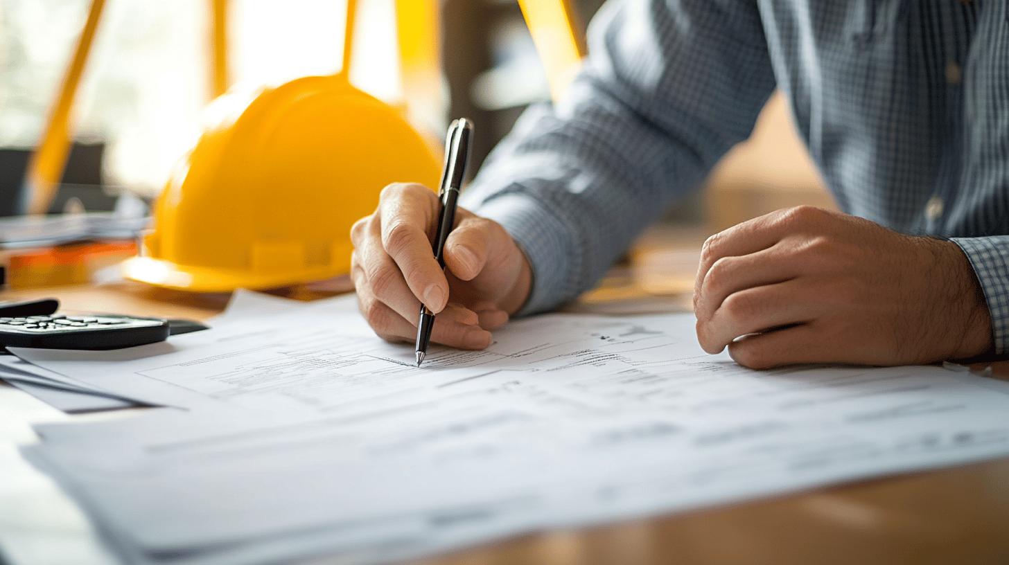Construction professional reviewing blueprints with yellow hard hat and pen on architectural documents