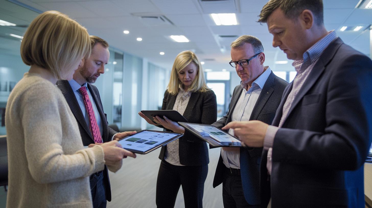 business professionals collaborating using digital tablets in modern office setting, discussing data and strategy with focused expressions