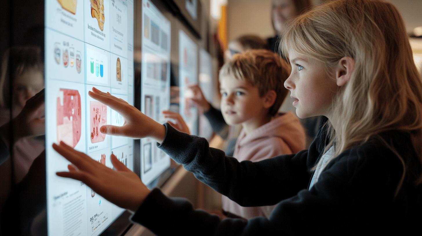 Children exploring interactive digital display with hands pointing at colorful information panels, engaged in collaborative learning experience