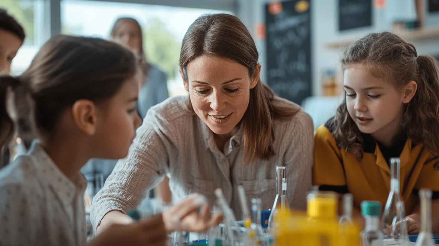 Science classroom with engaged teacher guiding students through hands-on experiment, using laboratory glassware with collaborative learning and curiosity