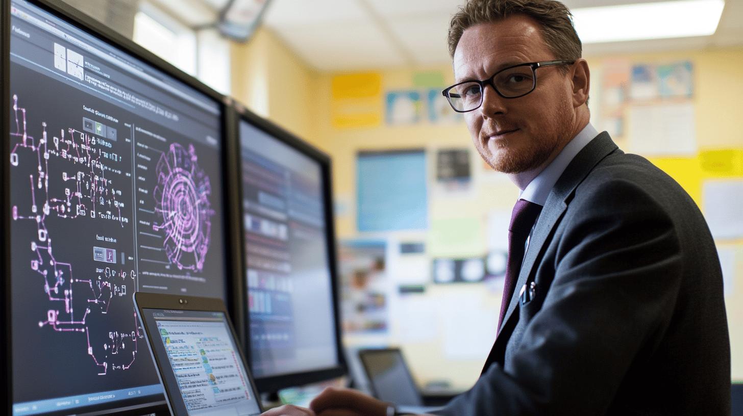 Professional analyst in suit and glasses examining complex data visualization on multiple computer monitors in office setting, showcasing advanced technology and network analysis