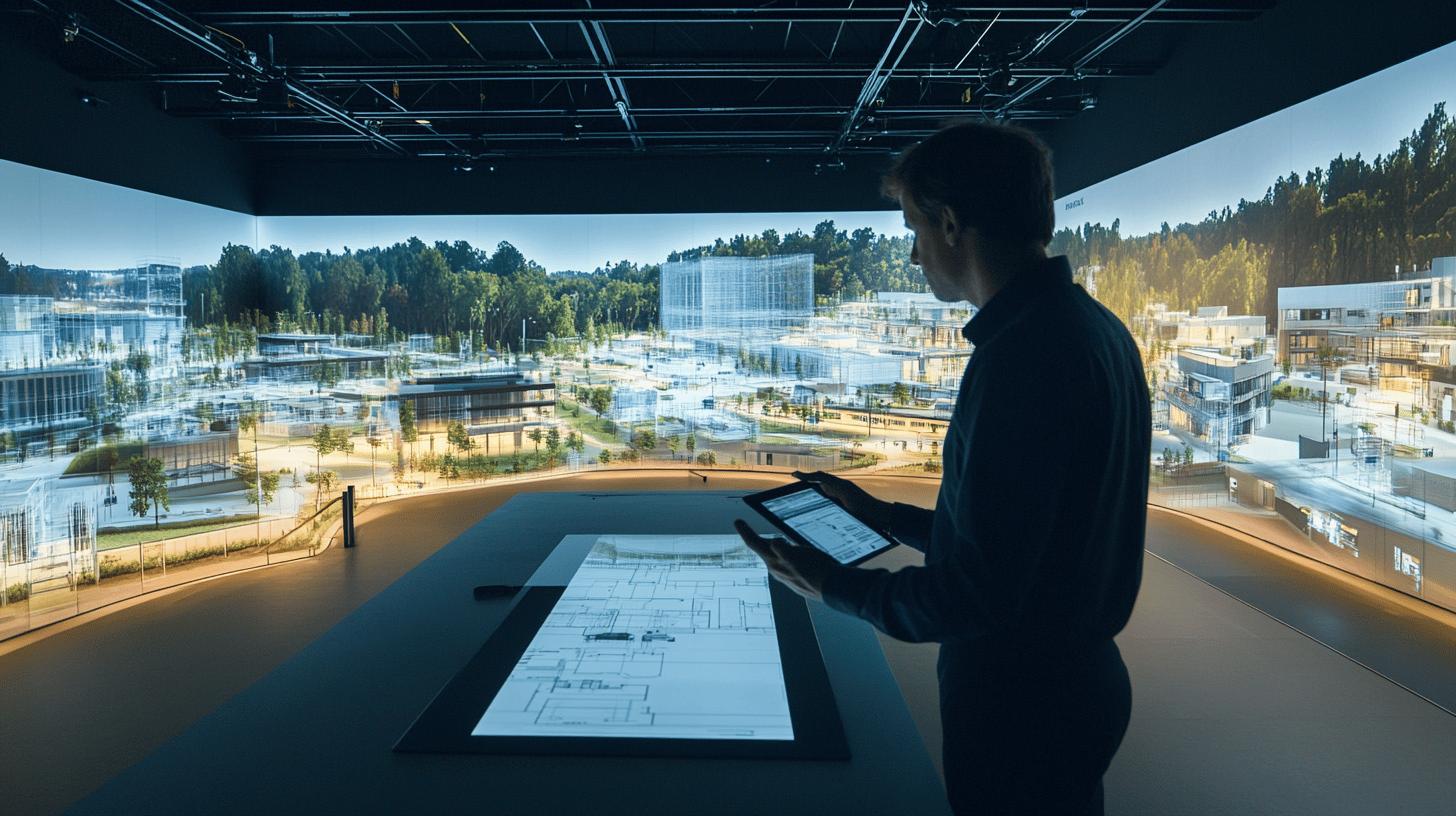 Architectural visualization of urban development project with silhouetted designer examining blueprints in immersive digital environment showing modern buildings and landscape