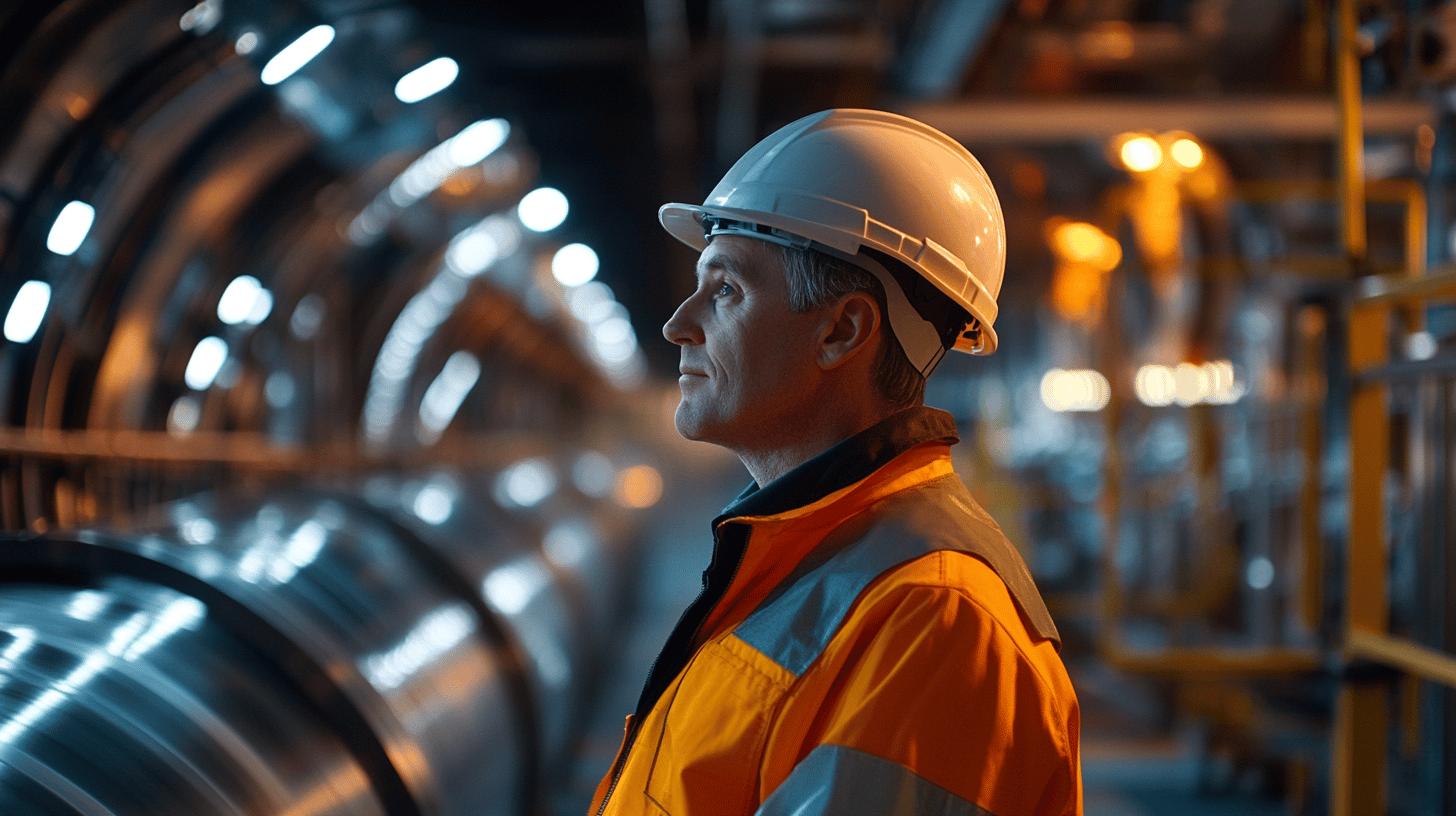 Experienced industrial worker in white hard hat and high-visibility orange safety vest inspecting machinery in large manufacturing facility with blurred metallic equipment and ambient lighting