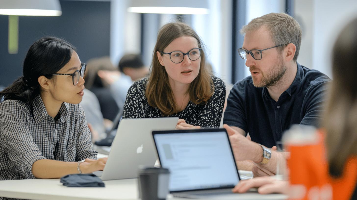 Professional team collaborating on project in modern office, three colleagues discussing work with laptops and engaged in serious conversation