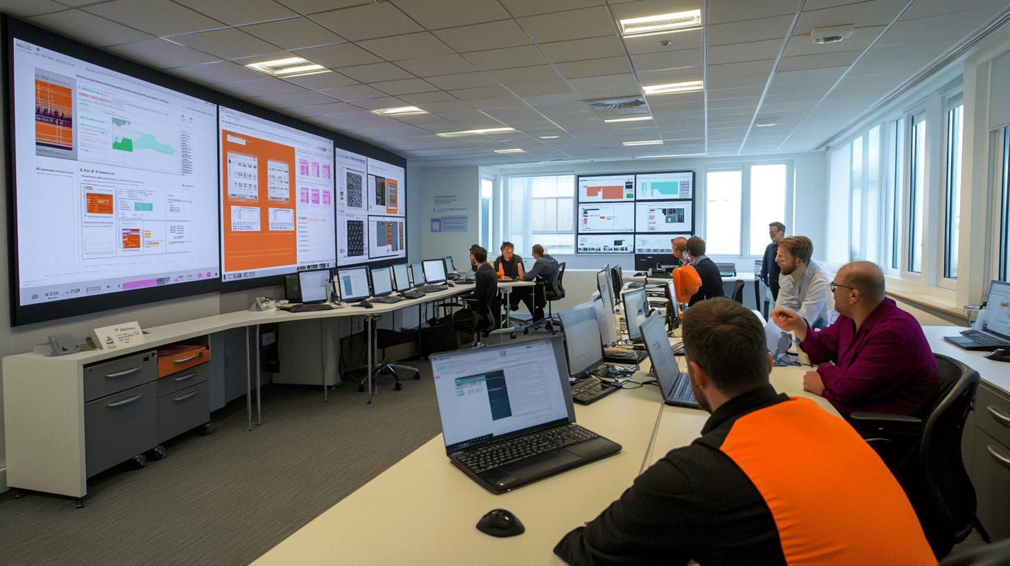 Modern data center control room with multiple large display screens, workstations, and technicians monitoring complex digital dashboards and analytics in a bright, open-plan office environment