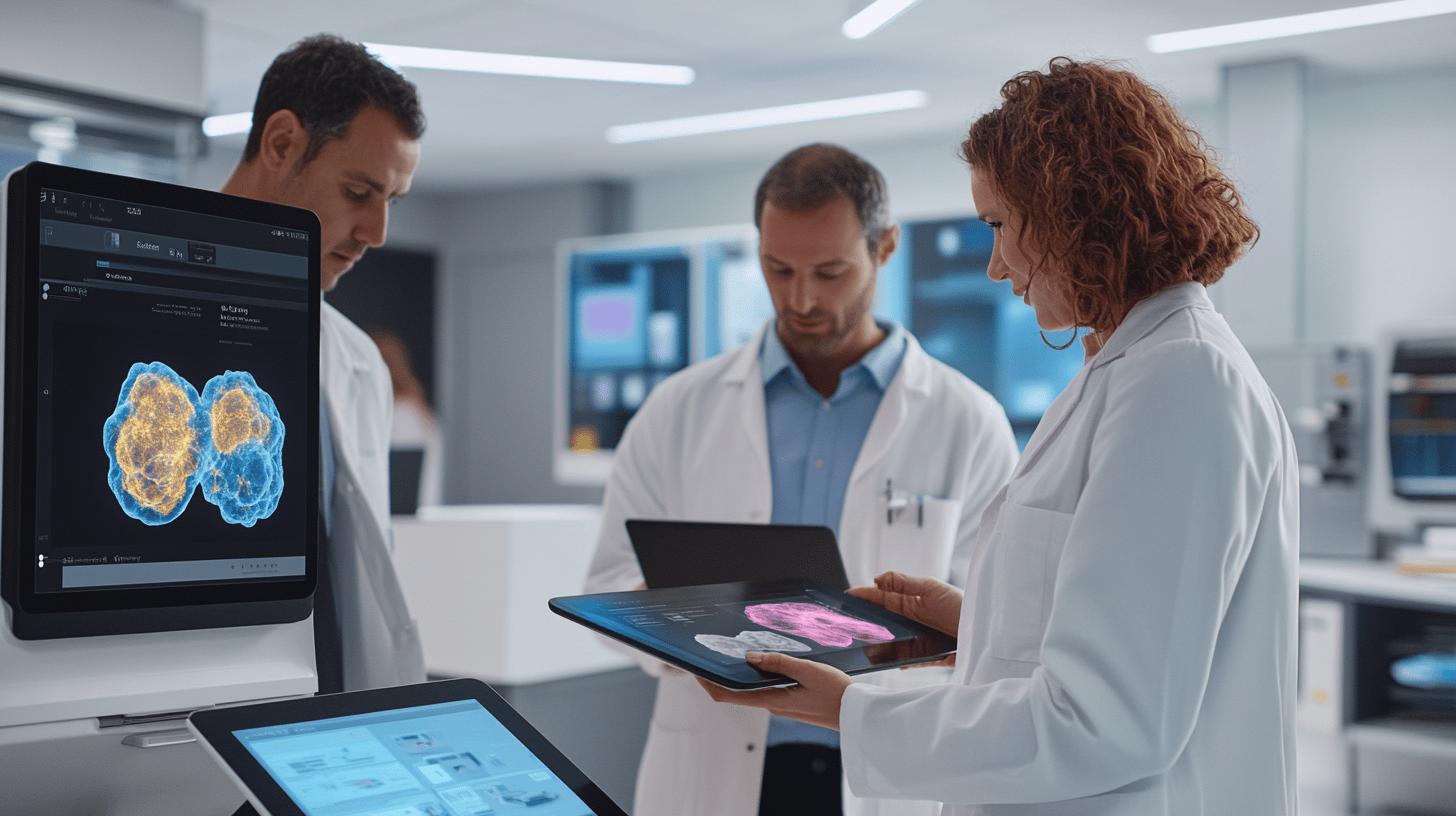 medical professionals analyzing 3D cellular imaging on digital screens in a modern diagnostic laboratory, showcasing advanced medical technology and collaborative research