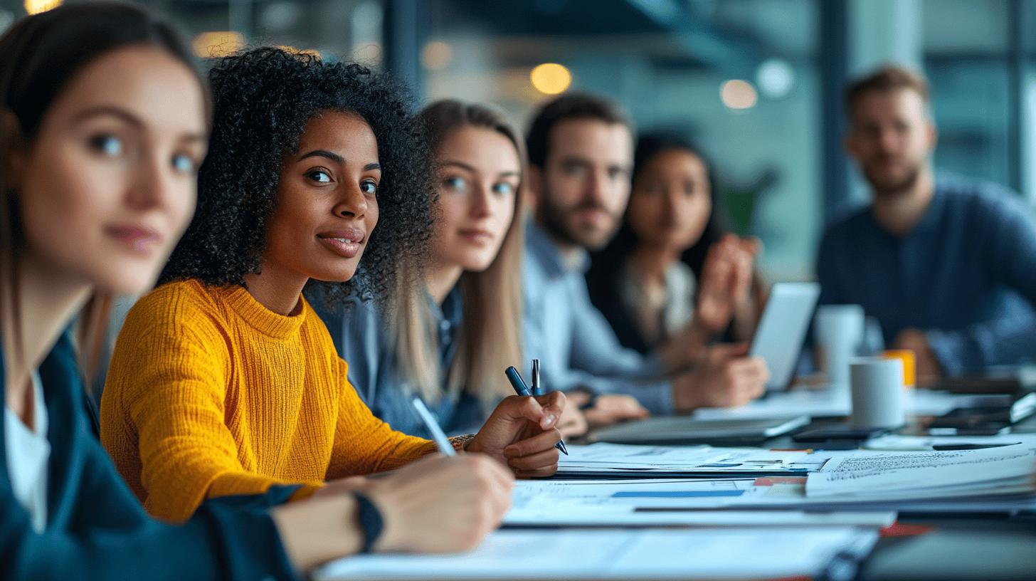 Diverse business team collaborating in modern office meeting, with woman in yellow sweater taking notes during professional workshop or strategy session