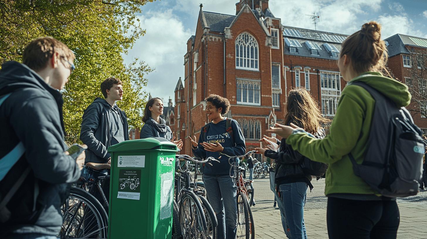 group of students discussing near bicycle parking with historic brick university building in background, green bike station in foreground, sunny day with trees and cloudy sky