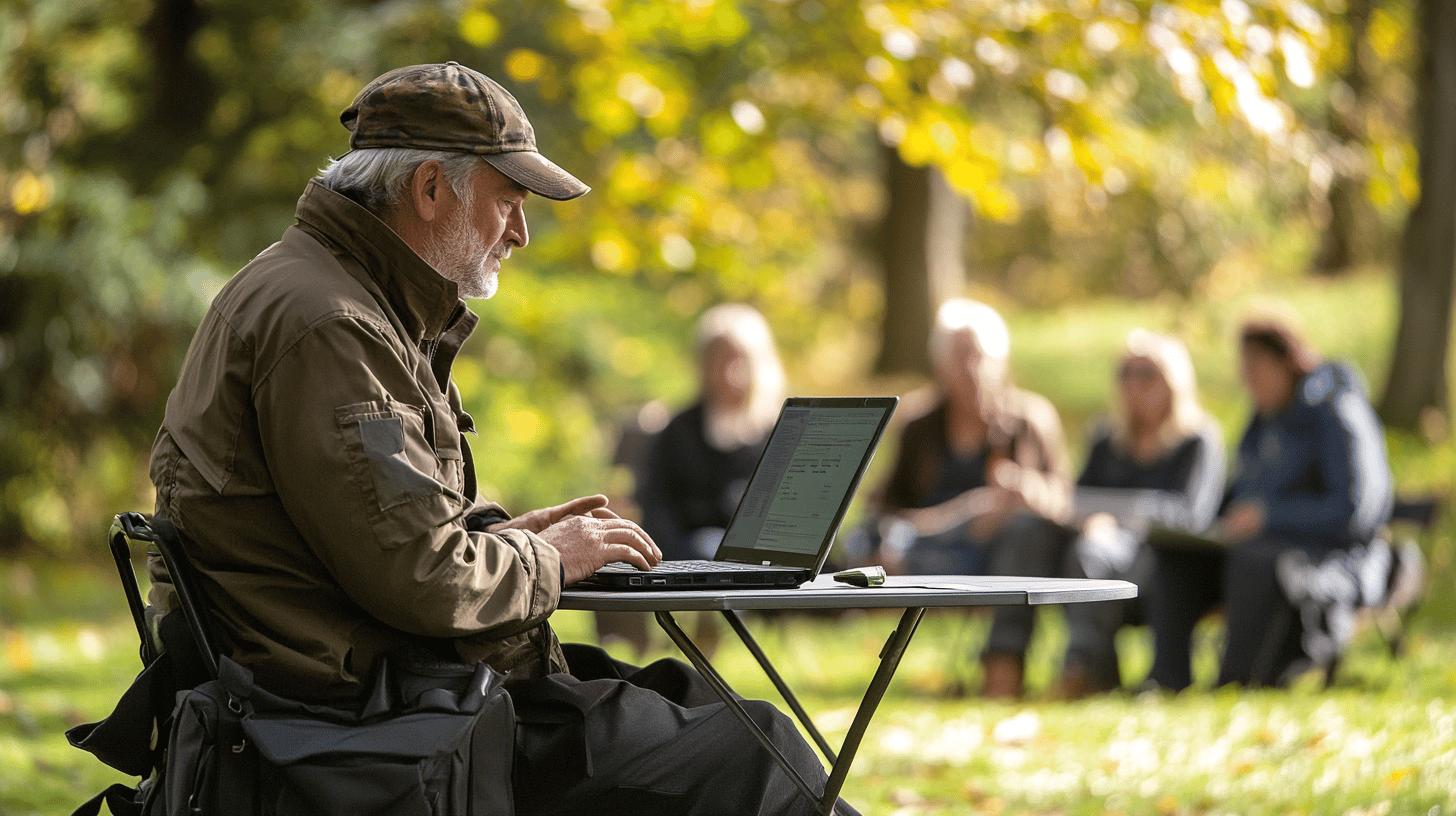 Mature professional teaching outdoor class with laptop in autumn park setting, with group of participants sitting in background among trees and fallen leaves